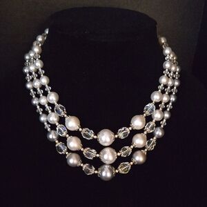 Made In Japan. Stunning Vintage Faux Pearl And Crystal 3-strand Necklace.